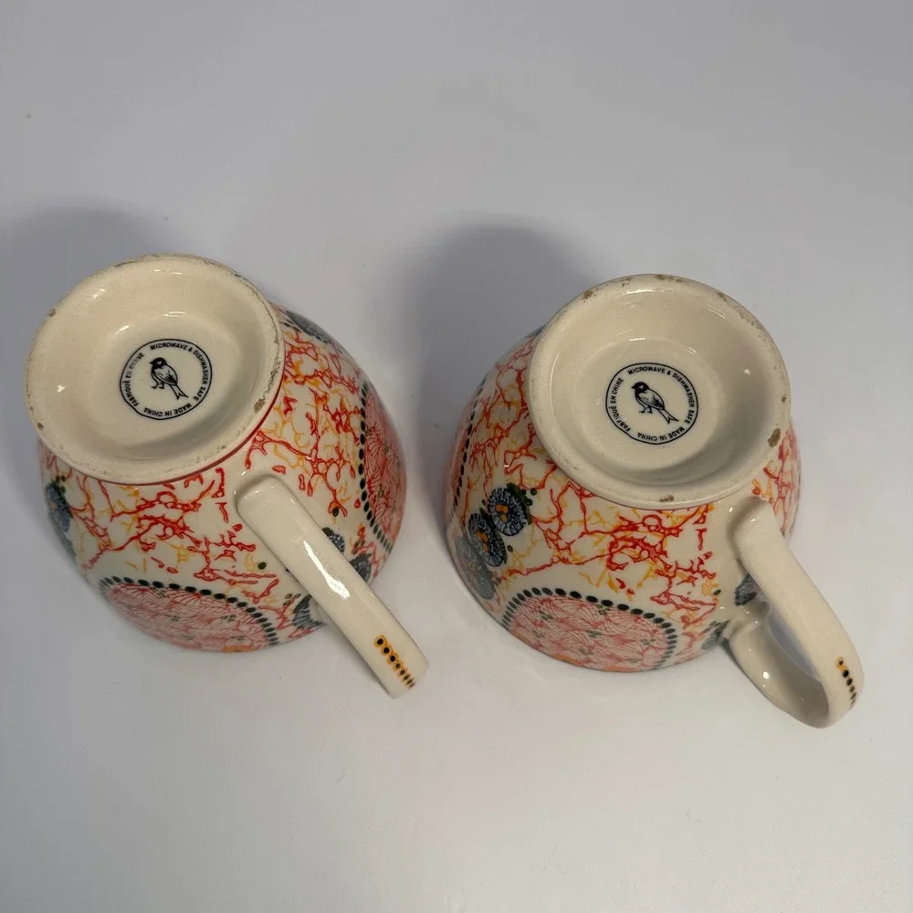 Anthropologie Bird Logo Footed‎ Mugs Set of 2 Multicolor Folk Art Ceramic Cups - Picture 5 of 6